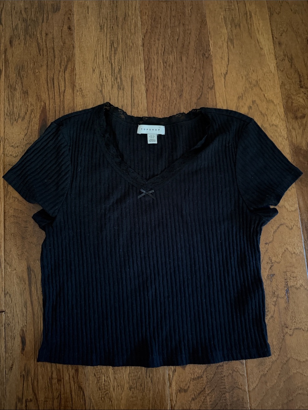 Topshop Black Ribbed Lace Trim Cropped Baby Tee Size 8